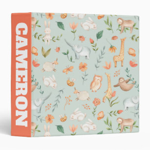 Cute Teal Baby Animal Pastel Pattern 3 Ring Binder