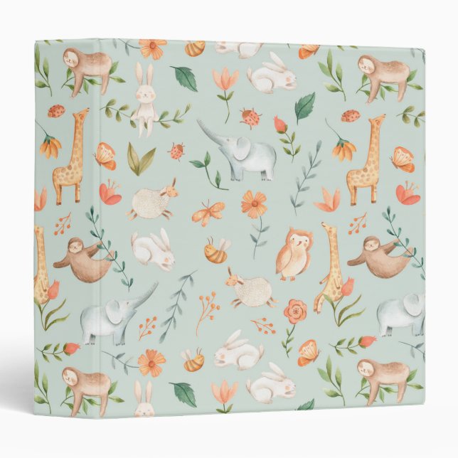 Cute Teal Baby Animal Pastel Pattern 3 Ring Binder (Front/Spine)