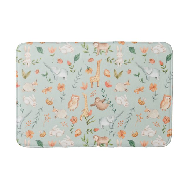 Cute Teal Baby Animal Pastel Pattern Bath Mat (Front)