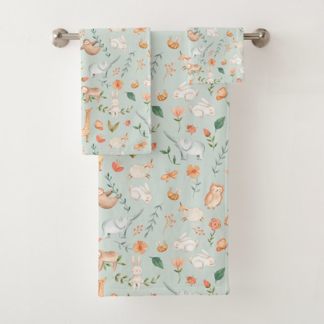 Cute Teal Baby Animal Pastel Pattern Bath Towel Set (Insitu)