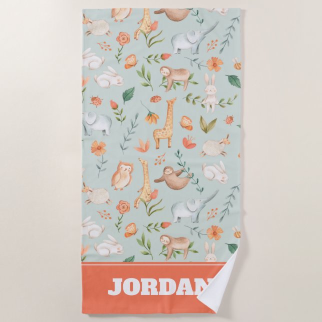 Cute Teal Baby Animal Pastel Pattern Beach Towel (Front)