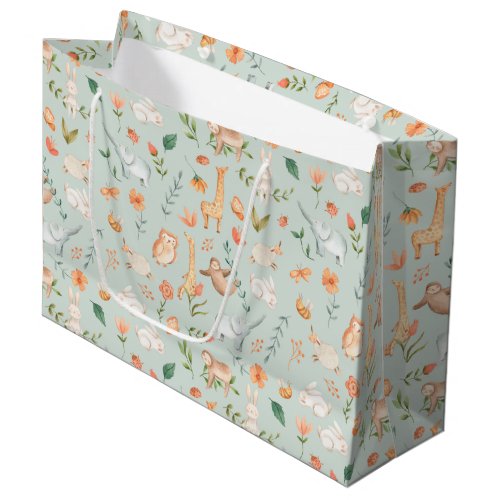 Cute Teal Baby Animal Pastel Pattern Large Gift Bag