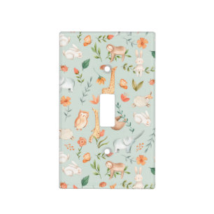Cute Teal Baby Animal Pastel Pattern Light Switch Cover