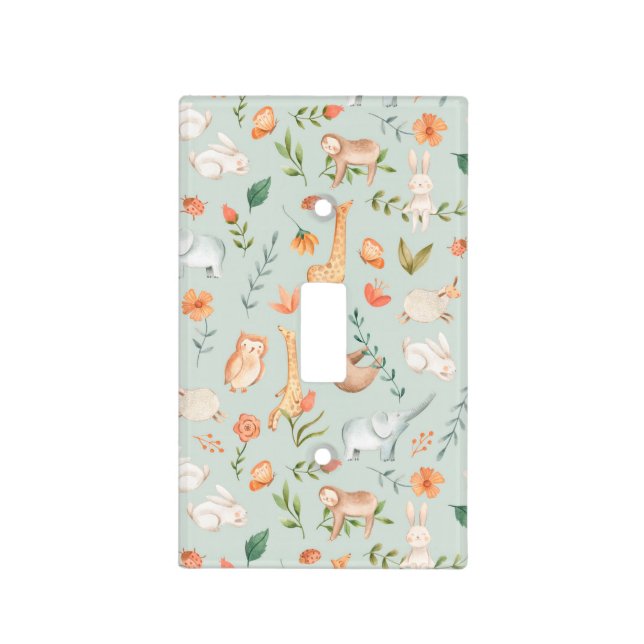 Cute Teal Baby Animal Pastel Pattern Light Switch Cover (Front)