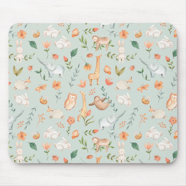 Cute Teal Baby Animal Pastel Pattern Mouse Pad (Front)