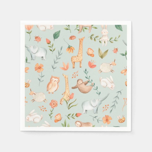 Cute Teal Baby Animal Pastel Pattern Napkins (Front)