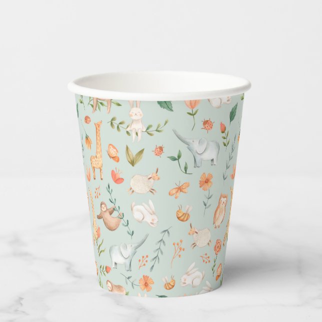 Cute Teal Baby Animal Pastel Pattern Paper Cups (Front)
