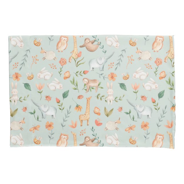 Cute Teal Baby Animal Pastel Pattern Pillow Case (Front)