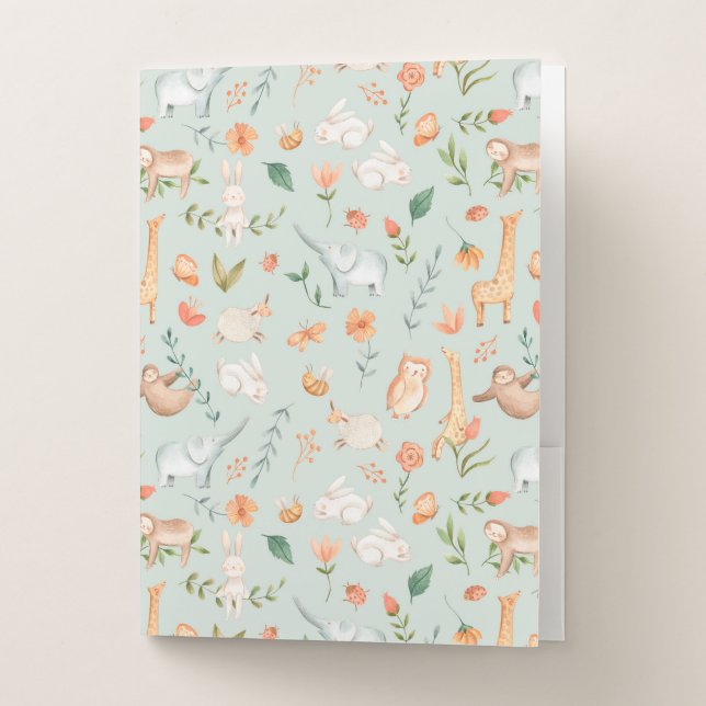 Cute Teal Baby Animal Pastel Pattern Pocket Folder (Front)