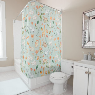 Cute Teal Baby Animal Pastel Pattern Shower Curtain