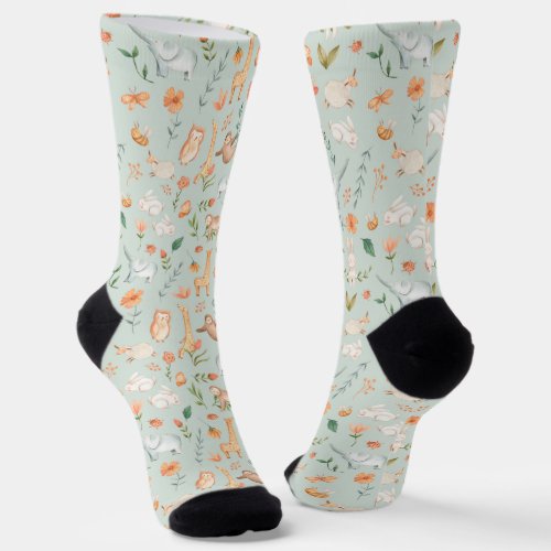 Cute Teal Baby Animal Pastel Pattern Socks