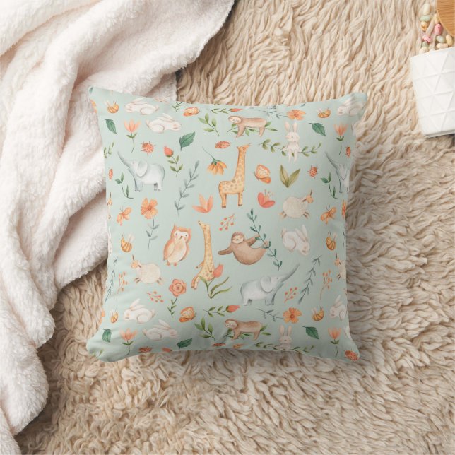 Cute Teal Baby Animal Pastel Pattern Throw Pillow (Blanket)