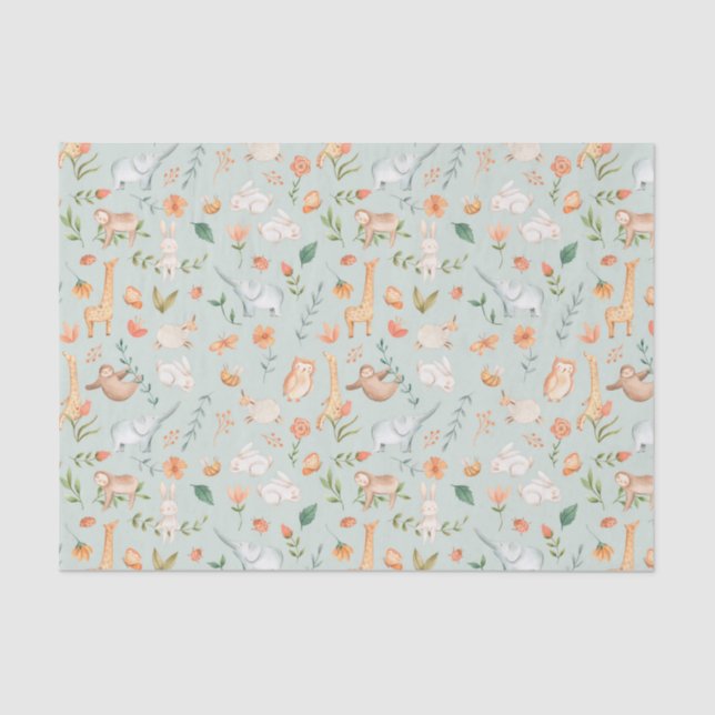 Cute Teal Baby Animal Pastel Pattern Tissue Paper (Front)