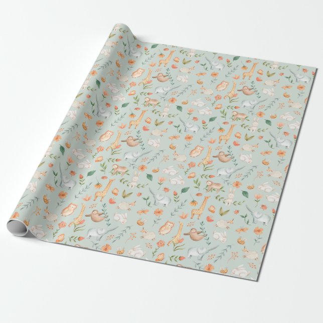 Cute Teal Baby Animal Pastel Pattern Wrapping Paper (Unrolled)