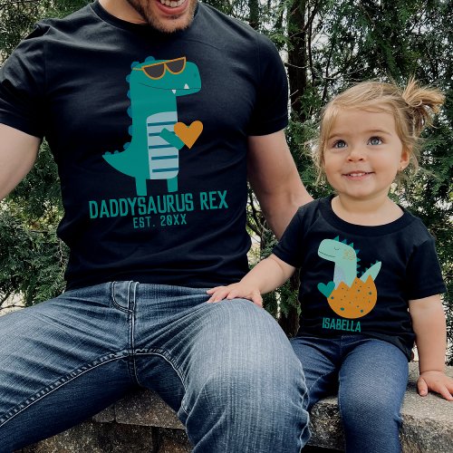 Cute Teal Baby Dino Name Father Child Matching  T_Shirt