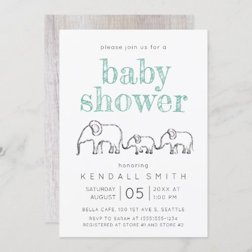 Cute Teal Baby Elephant Family Baby Shower Invitation