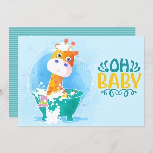 Cute Teal Bathtub Giraffe Baby Shower Invitation