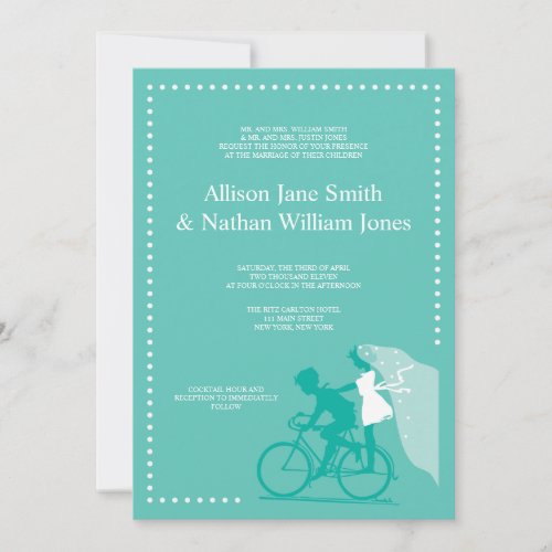 CUTE Teal Bicycle Couple Wedding Invitation