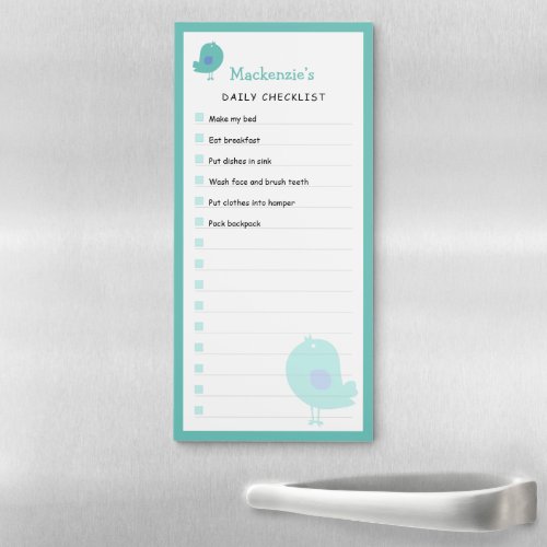 Cute Teal Bird Daily Chore Checklist Magnetic Notepad