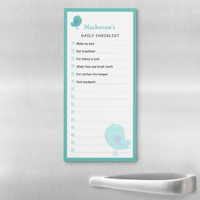 Cute Teal Bird Daily Chore Checklist Magnetic Notepad (In Situ)