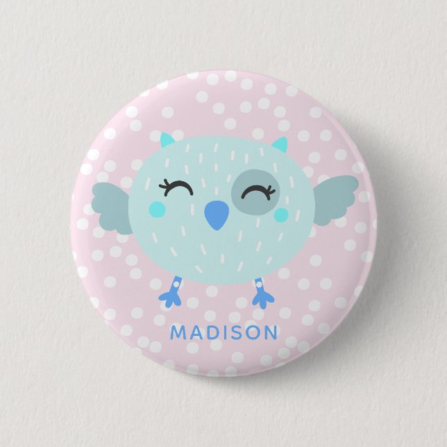 Cute Teal Bird - Pink Striped Kids' Birthday Favor Button (Front)