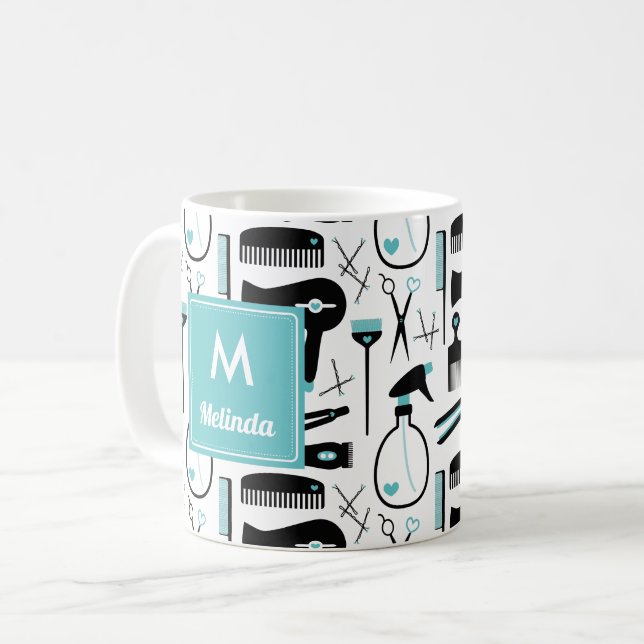 Cute Teal Black Hair Stylist Pattern Monogram Coffee Mug (Front Left)