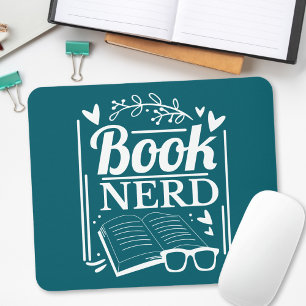 Cute Teal Blue Book Nerd Bookworm Mouse Pad