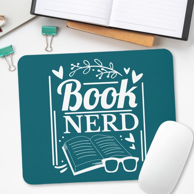 Cute Teal Blue Book Nerd Bookworm Mouse Pad (Creator Uploaded)
