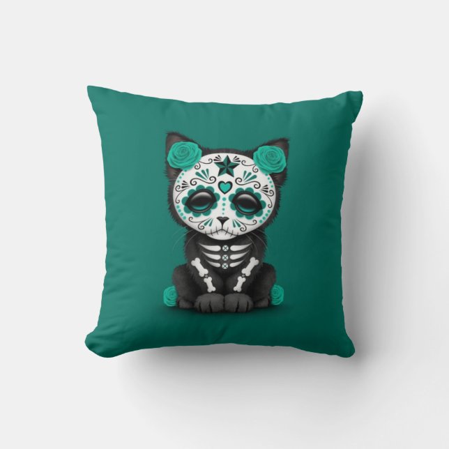 Cute Teal Blue Day of the Dead Kitten Cat Throw Pillow (Front)