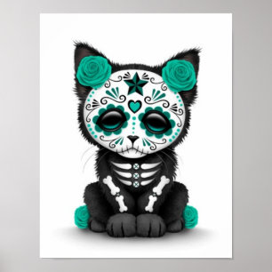 Cute Teal Blue Day of the Dead Kitten Cat, white Poster