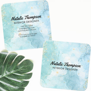 Cute Teal Blue Gold Glitter Watercolor Modern Square Business Card