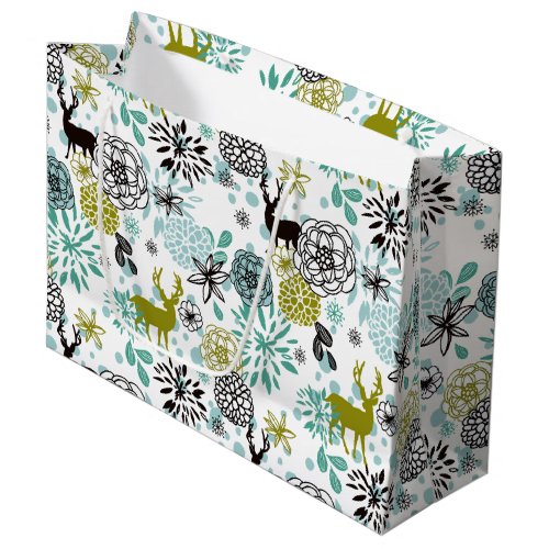 Cute Teal Blue Green Floral And Deer Art Pattern Large Gift Bag