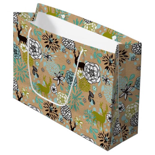 Cute Teal Blue Green Floral And Deer Art Pattern Large Gift Bag