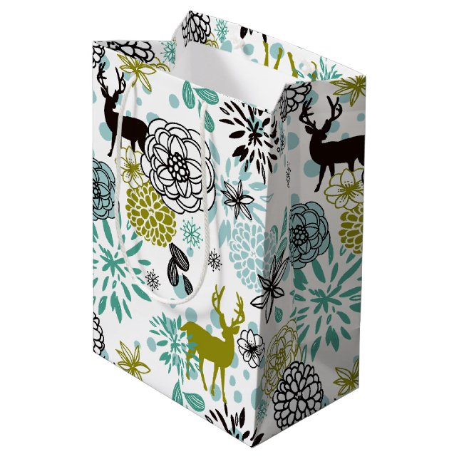 Cute Teal Blue Green Floral And Deer Art Pattern Medium Gift Bag (Back Angled)
