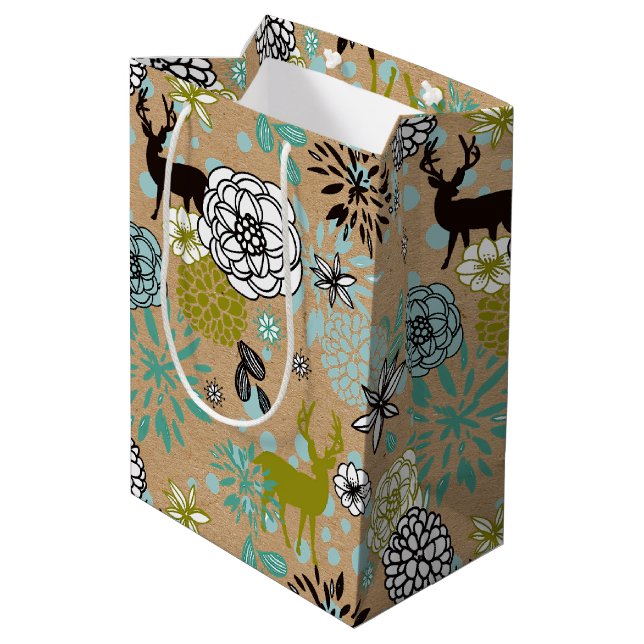 Cute Teal Blue Green Floral And Deer Art Pattern Medium Gift Bag (Back Angled)