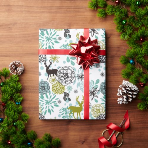 Cute Teal Blue Green Floral And Deer Art Pattern Wrapping Paper