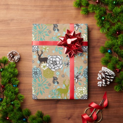 Cute Teal Blue Green Floral And Deer Art Pattern Wrapping Paper