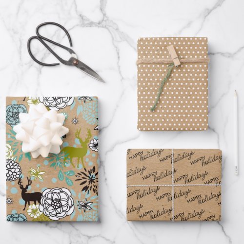 Cute Teal Blue Green Floral And Deer Art Pattern Wrapping Paper Sheets