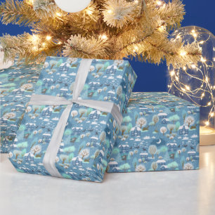 Cute Teal Blue Green Winter Season Snowy Landscape Wrapping Paper
