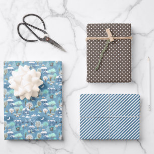 Cute Teal Blue Green Winter Season Snowy Landscape Wrapping Paper Sheets