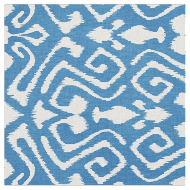 Cute teal blue ikat tribal patterns fabric (Close Up)