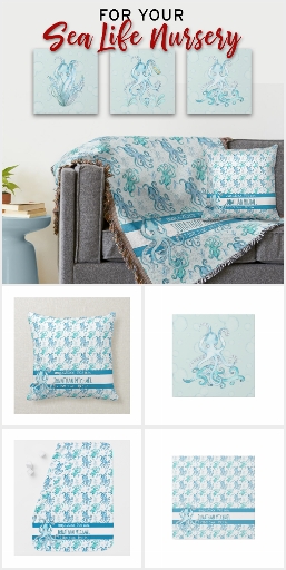 Cute Teal Blue Nautical Sea Octopus Nursery 