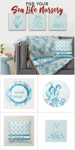 Cute Teal Blue Sea Life Octopus Nursery + Gifts