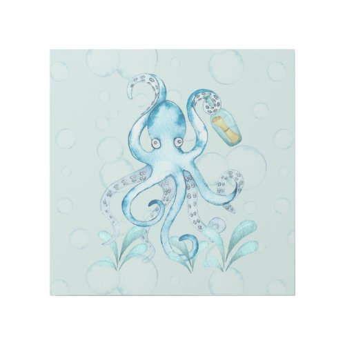 Cute Teal Blue Watercolor Octopus Splashing Bubble Gallery Wrap