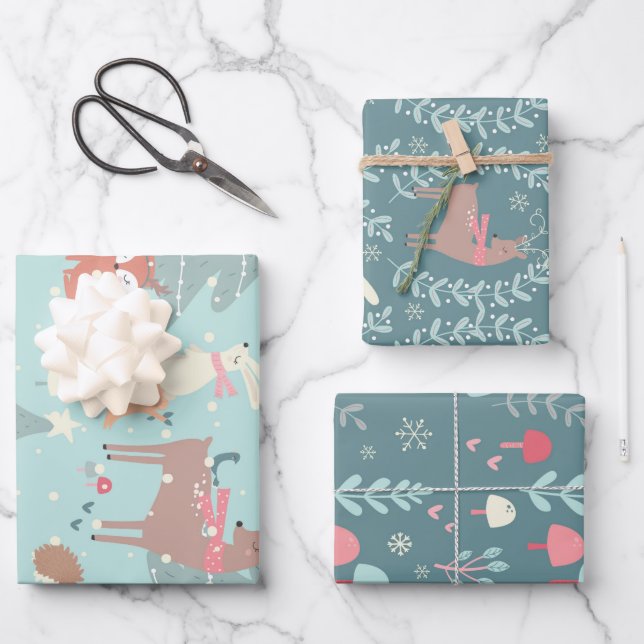 Cute Teal Blue Woodland Animal Christmas Wrapping Paper Sheets (Front)