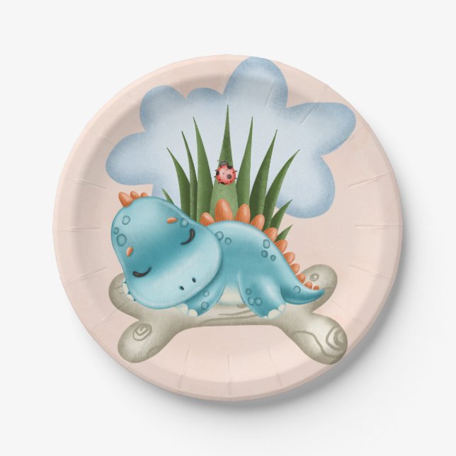 Cute Teal Burnt Orange Dinosaur Baby Shower Paper Plates (Front)