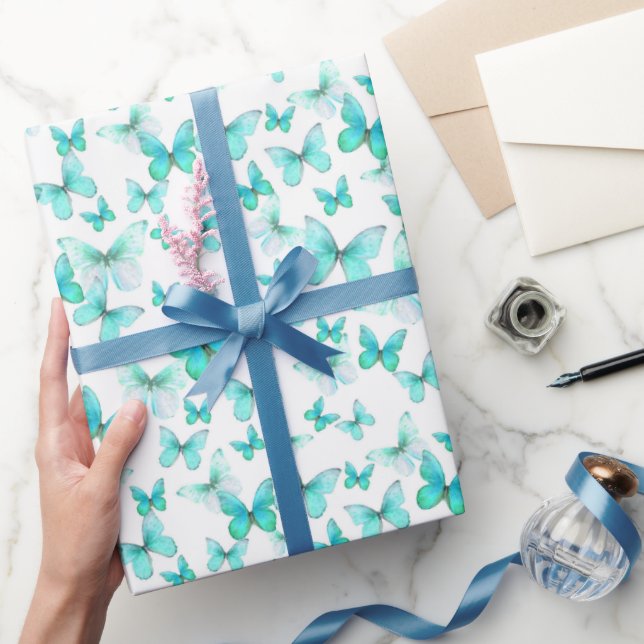 Cute Teal Butterflies Pattern Pastel Wrapping Paper (Gifting)