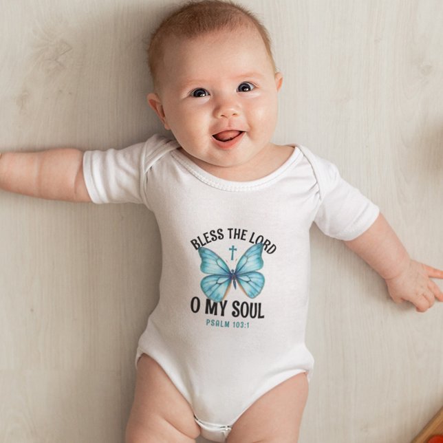 Cute Teal Butterfly Christian Bible Verse Baby Bodysuit (Creator Uploaded)