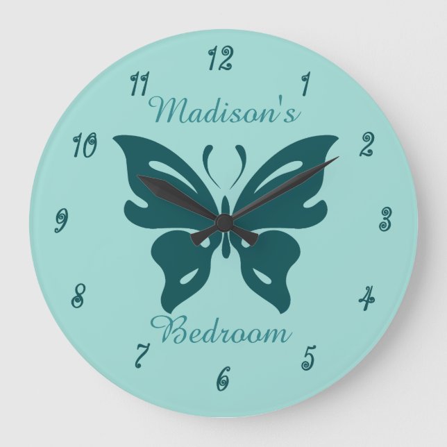 Cute Teal Butterfly Custom Girl's Bedroom Large Clock (Front)