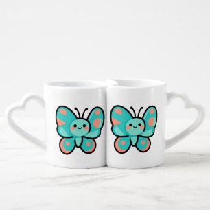 Cute Teal Butterfly Kawaii Art Coffee Mug Set